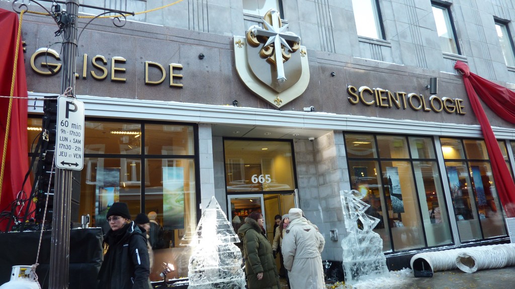Ice sculptures at the entrance to the new Quebec Church of Scientology
