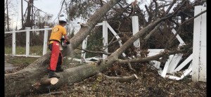 Working with other Scientology volunteer ministers in North Carolina, taking a chainsaw to fallen trees after the hurricane